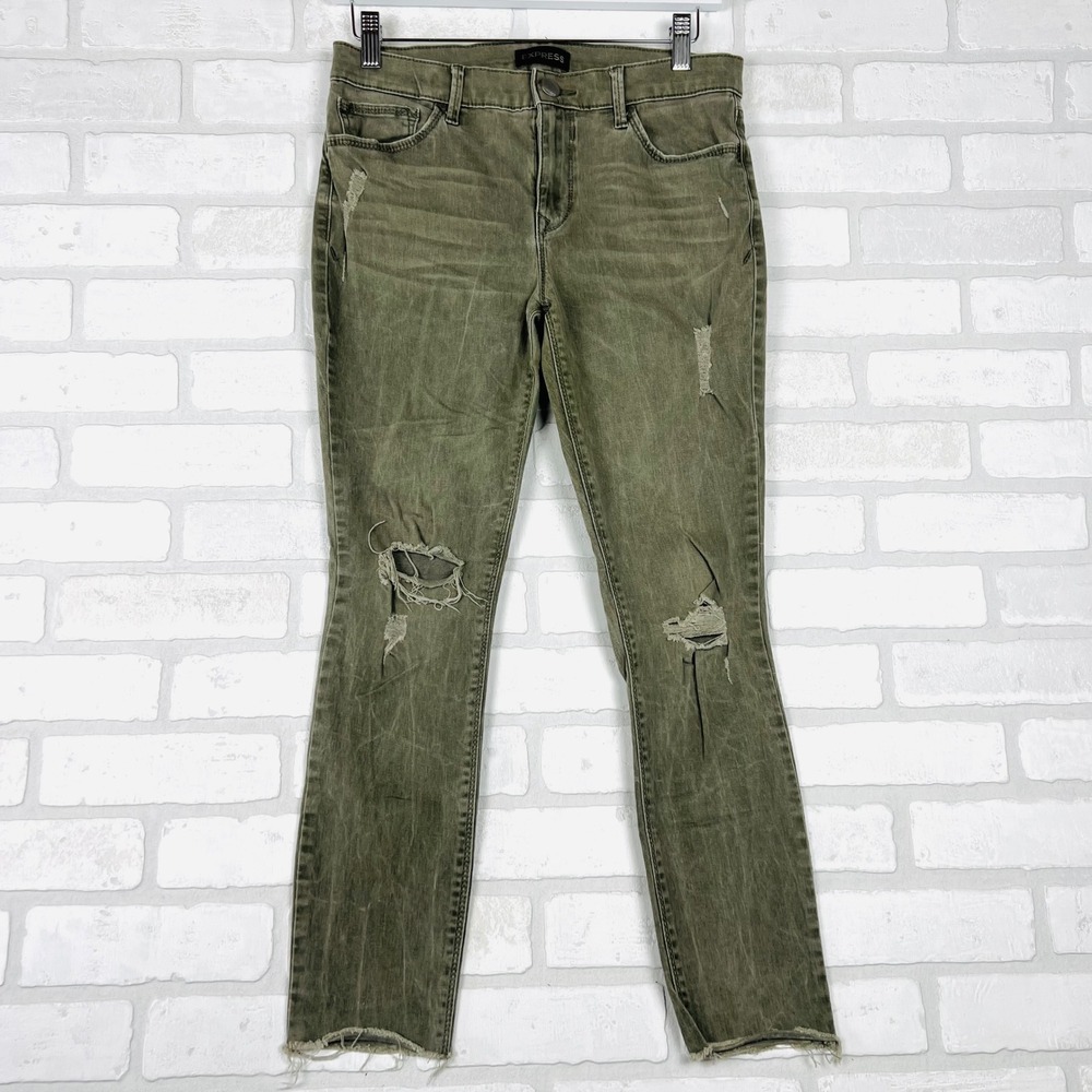 Express Ankle Legging Mid Rise Olive Green Distressed Ripped Jeans - Size 6R‎